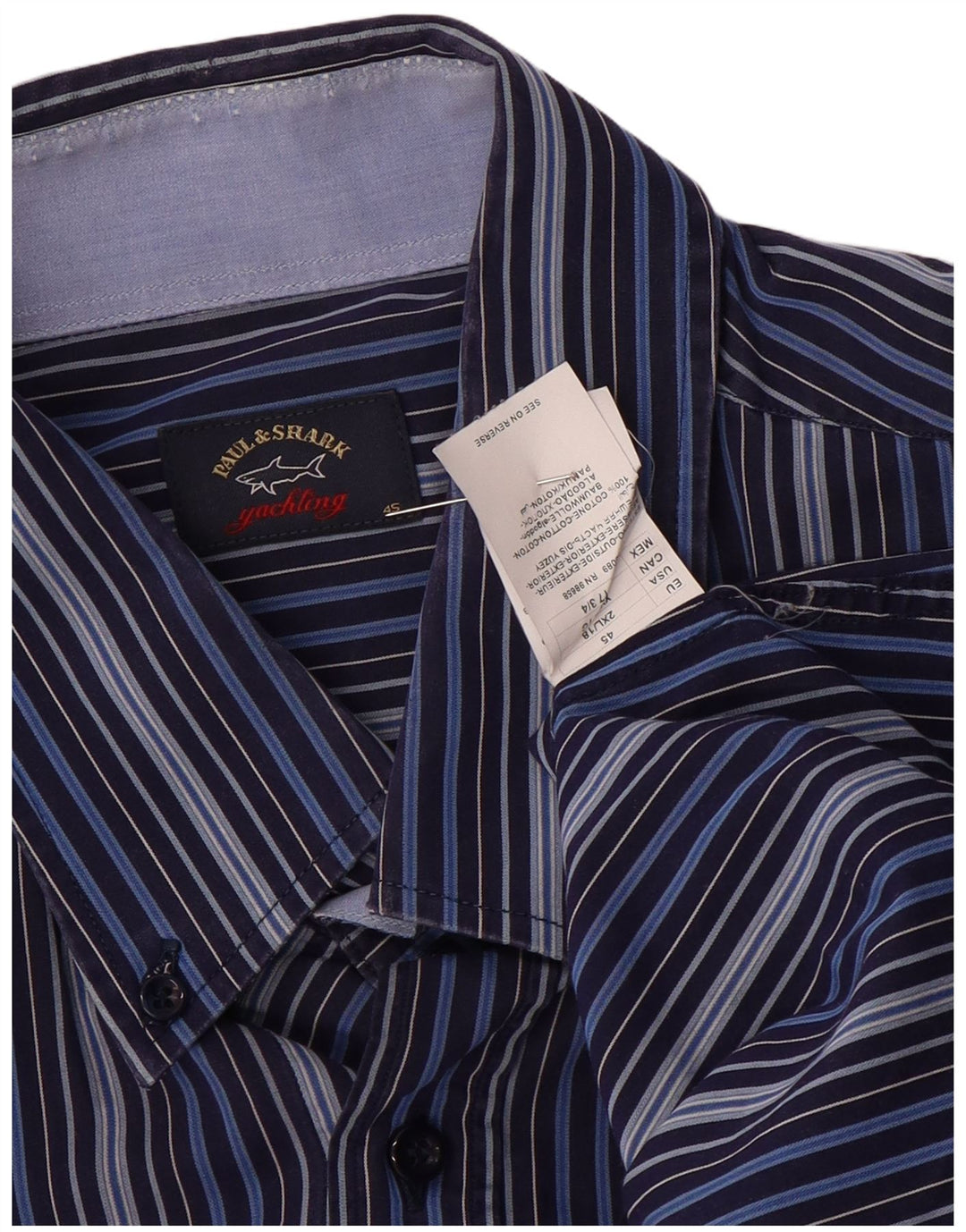 Camisa masculina PAUL & SHARK tamanho 45 XL algodão listrado azul marinho