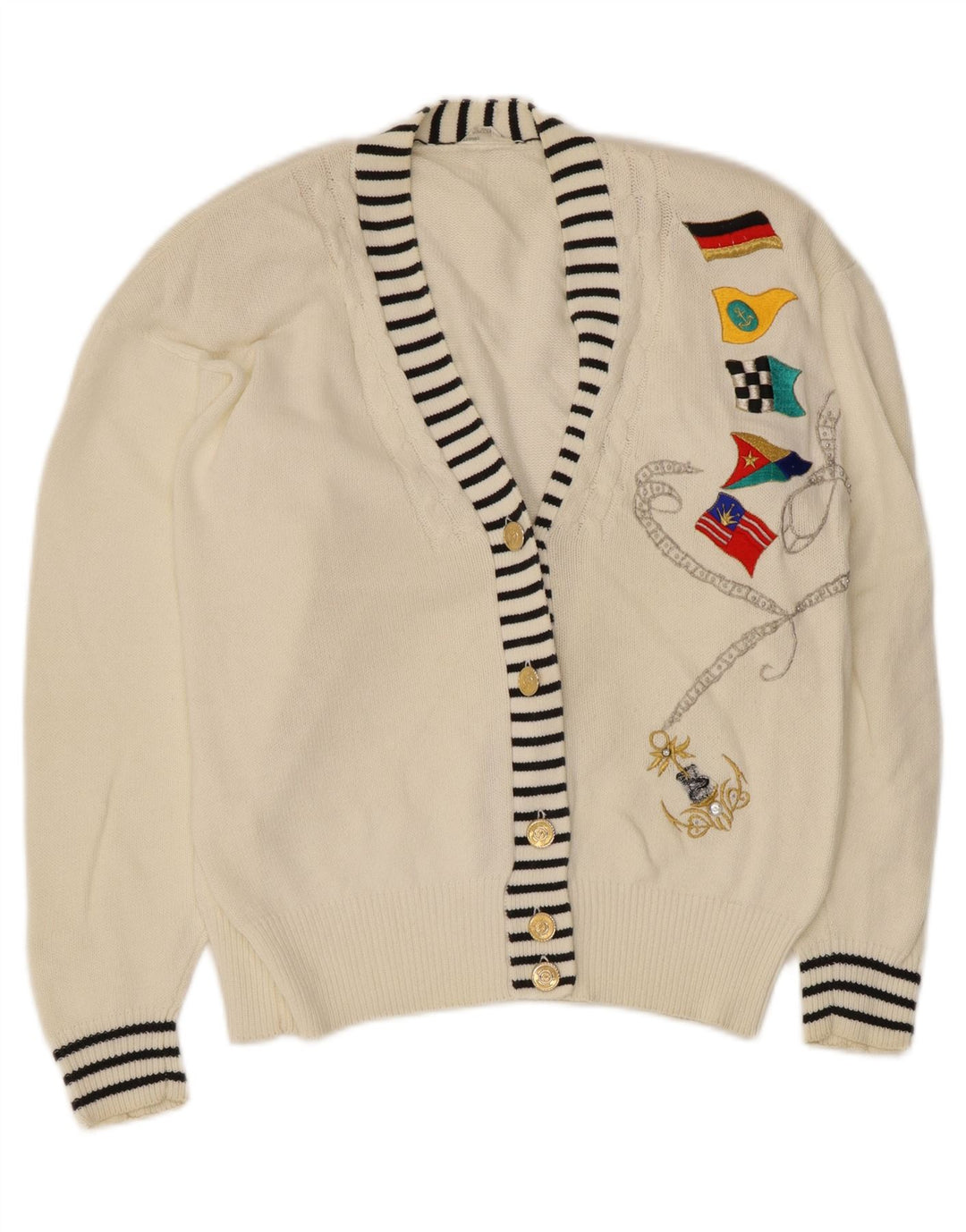 Suéter cardigã gráfico feminino vintage UE 40/42 algodão branco médio