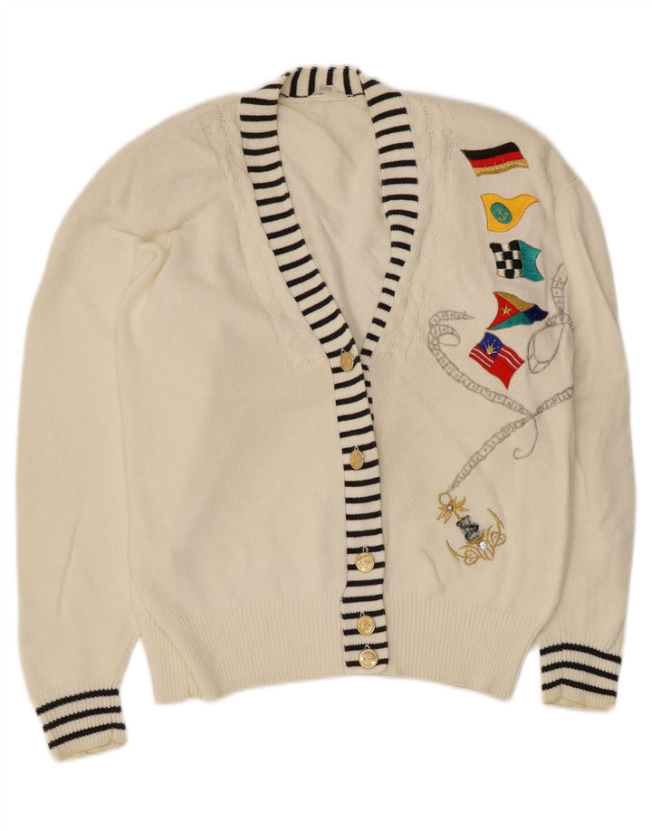 Suéter cardigã gráfico feminino vintage UE 40/42 algodão branco médio