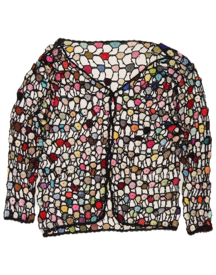 Cardigan de crochê feminino vintage UK 14 floral multicolorido médio