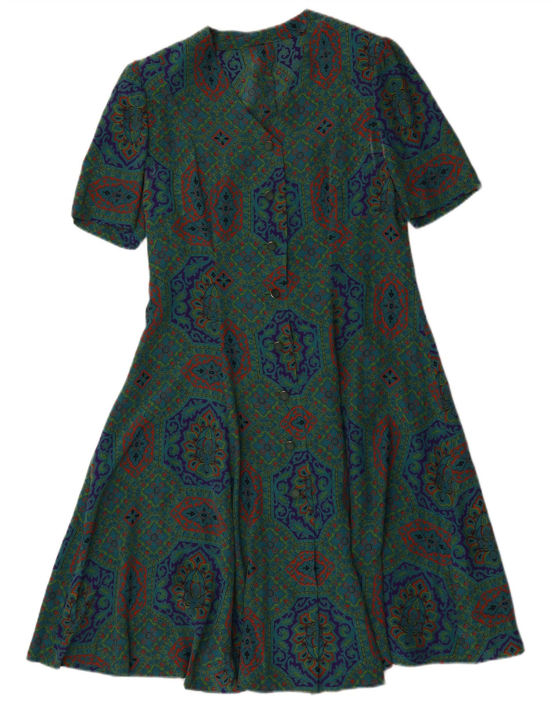 Vestido vintage feminino linha A UK 14 verde médio geométrico