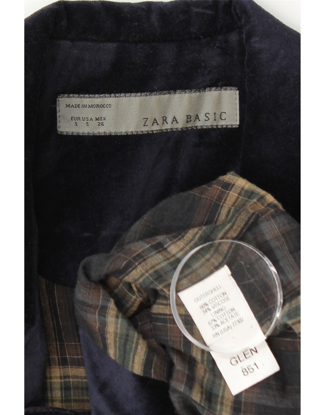 Jaqueta blazer feminina Zara com 1 botão de veludo Reino Unido 8 pequeno algodão azul marinho