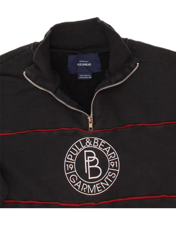 PULL & BEAR Womens Graphic Zip Neck Sweatshirt Jumper UK 14 Medium Black Vintage Pull & Bear and Second-Hand Pull & Bear from Messina Hembry 
