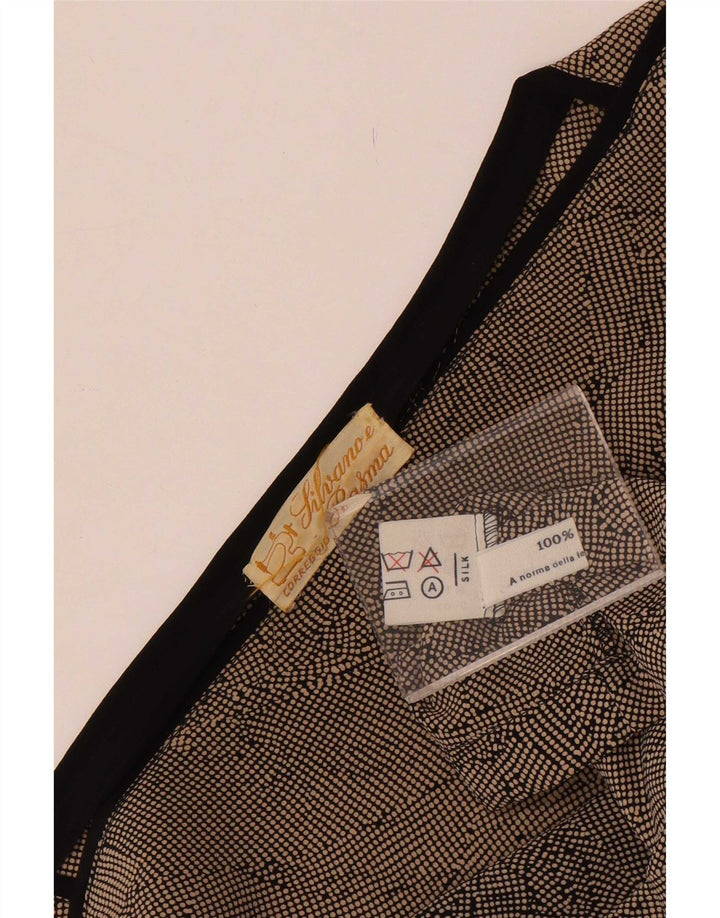 Blusa feminina vintage UK 14 seda manchada marrom médio
