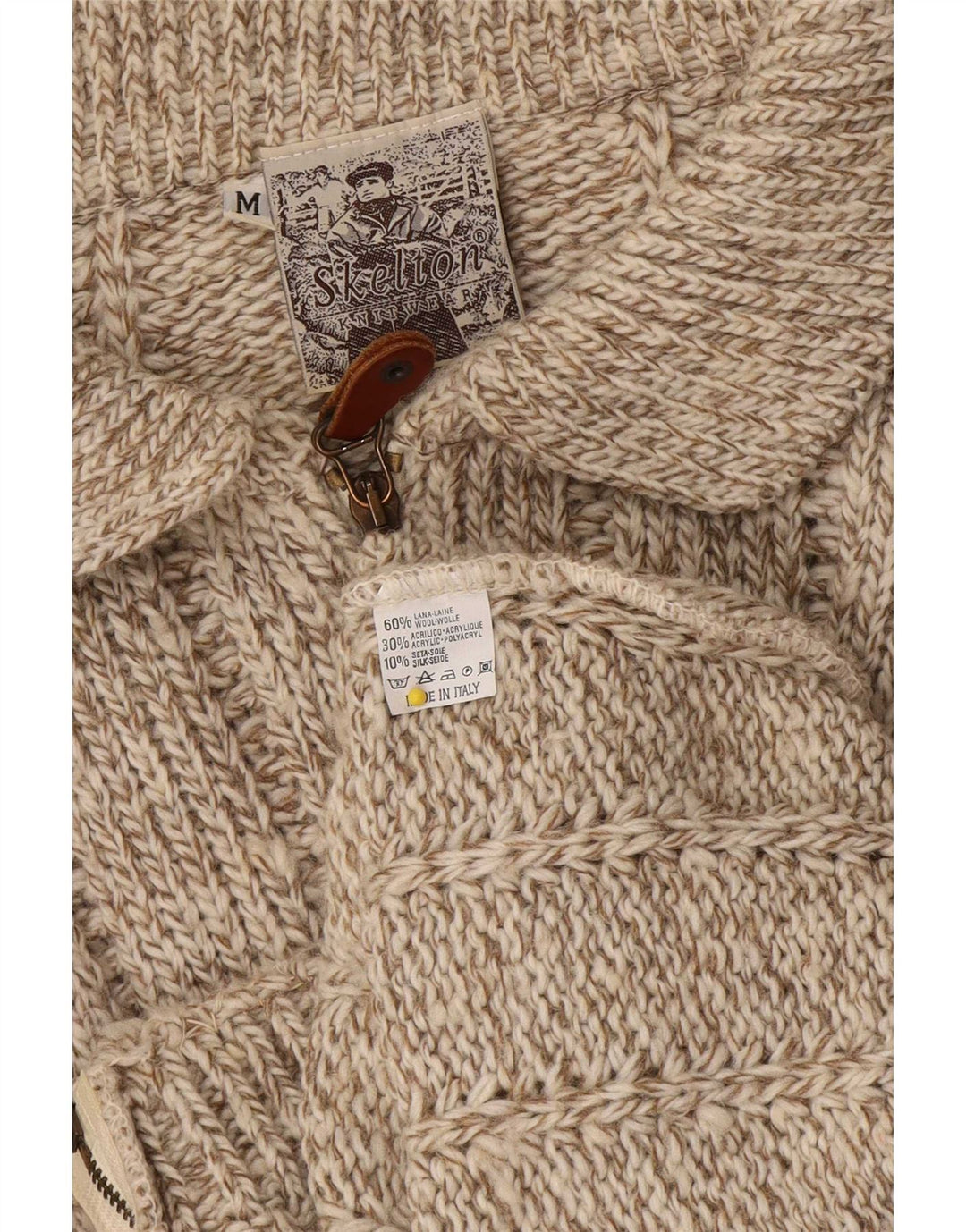 Suéter cardigã feminino vintage Reino Unido 14 lã manchada marrom médio