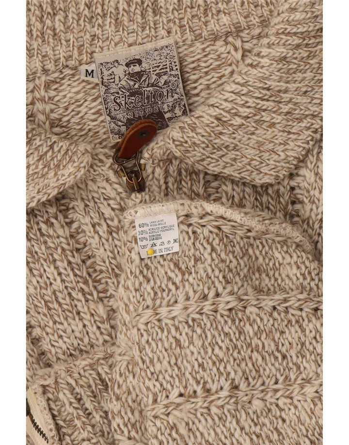 Suéter cardigã feminino vintage Reino Unido 14 lã manchada marrom médio