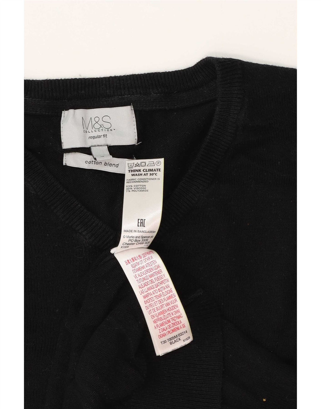 Suéter masculino Marks & Spencer com ajuste regular e decote em V, grande algodão preto