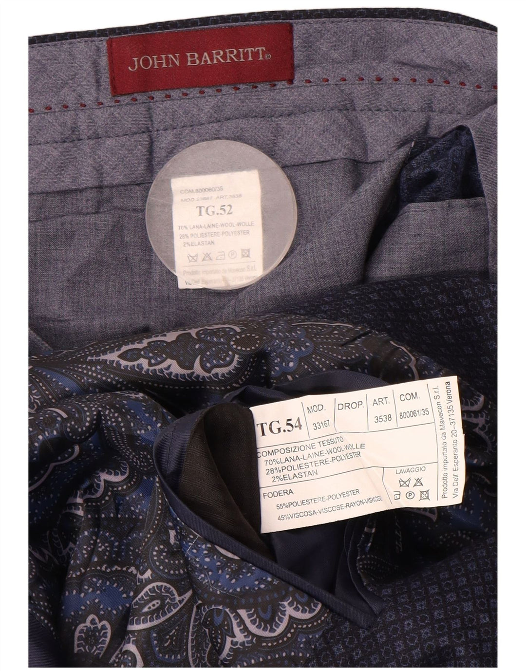 John Barritt terno masculino de 2 peças IT 52/54 XL W36 L31 azul marinho geométrico