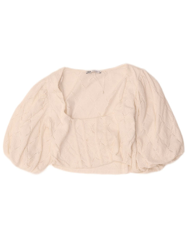 Zara blusa feminina manga 3/4 top UK 14 grande algodão branco