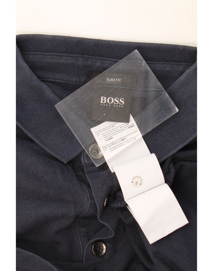 HUGO BOSS Camisa polo masculina slim fit de manga comprida de algodão azul marinho médio