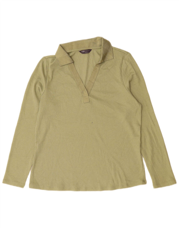 Camisa pólo feminina de manga comprida Marks & Spencer Reino Unido 14 grande poliéster verde