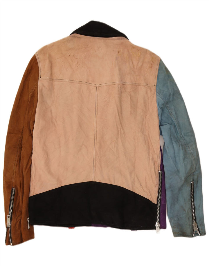 Jaqueta vintage feminina de camurça para motociclista Reino Unido 16 grande bloco colorido multicolorido