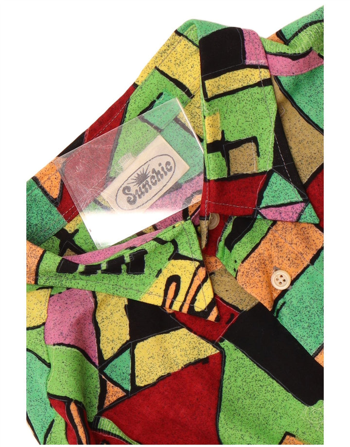 Camisa masculina vintage de manga curta grande geométrica multicolorida
