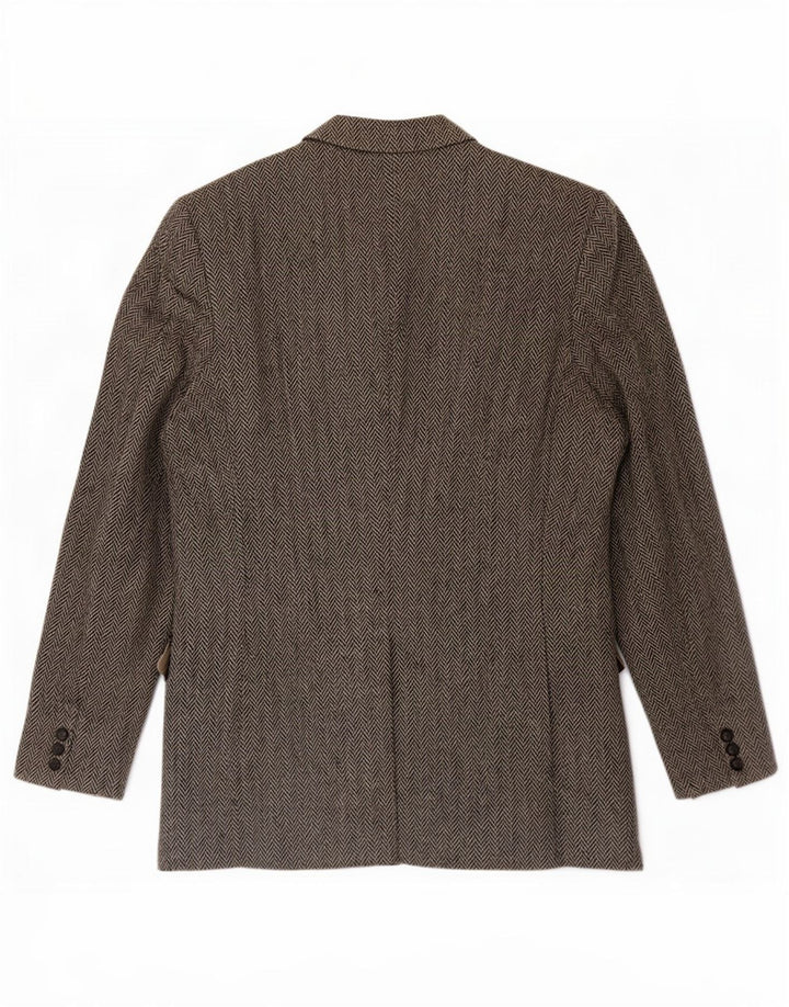 Jaqueta blazer masculina Harris Tweed longa de 2 botões tamanho 46 XL espinha de peixe cinza