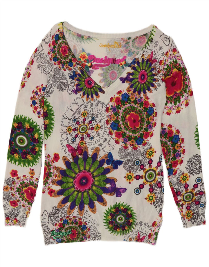 Suéter feminino Desigual com decote em V UK 12 médio multicolorido floral