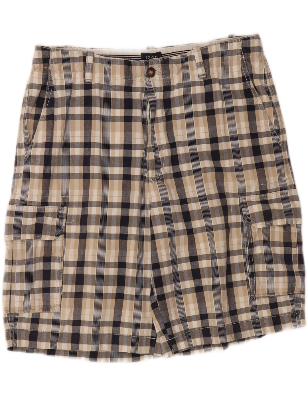 Shorts cargo masculino Izod W34 grande bege xadrez algodão clássico
