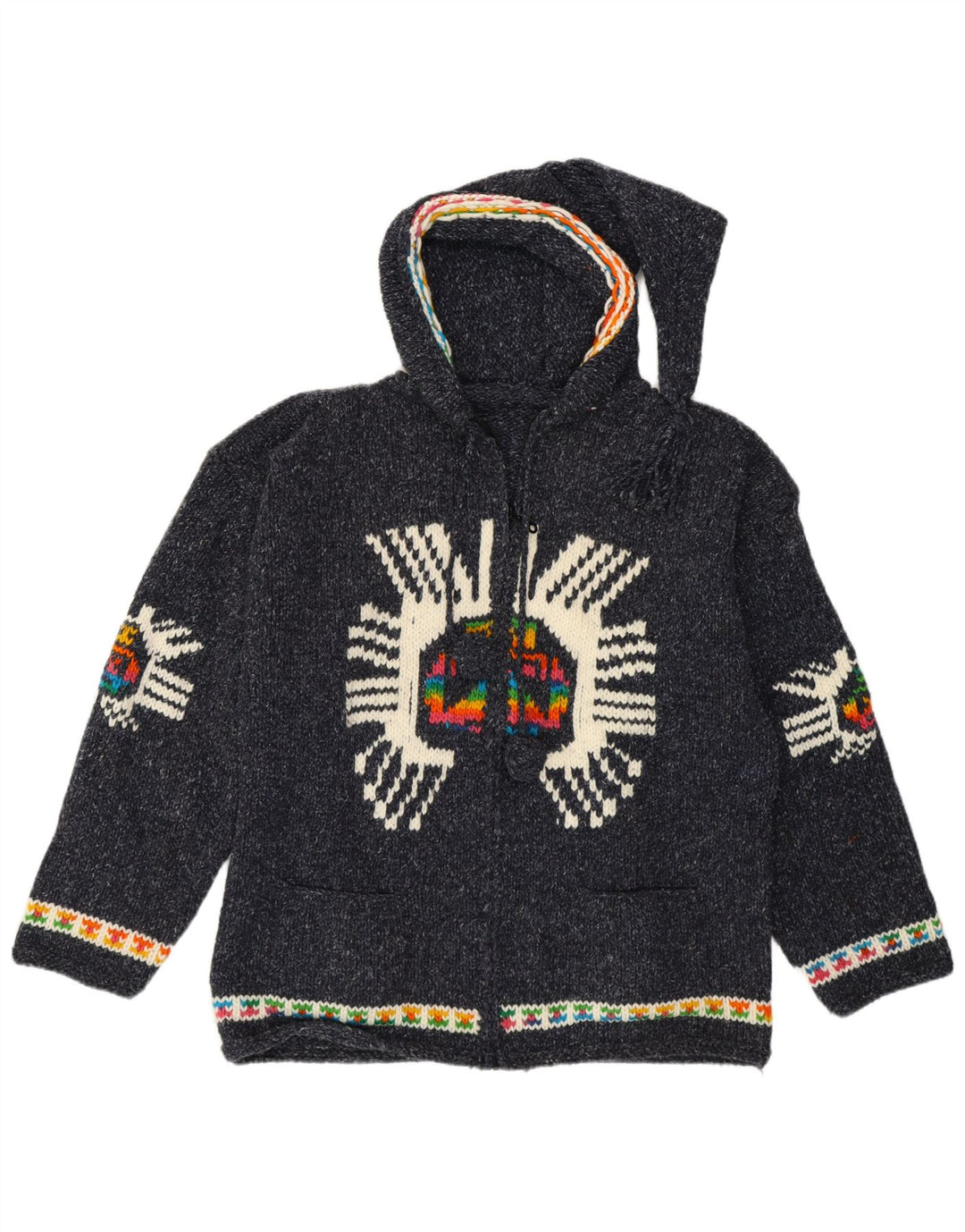 Suéter cardigã feminino vintage com estampa UK 14 médio azul marinho étnico