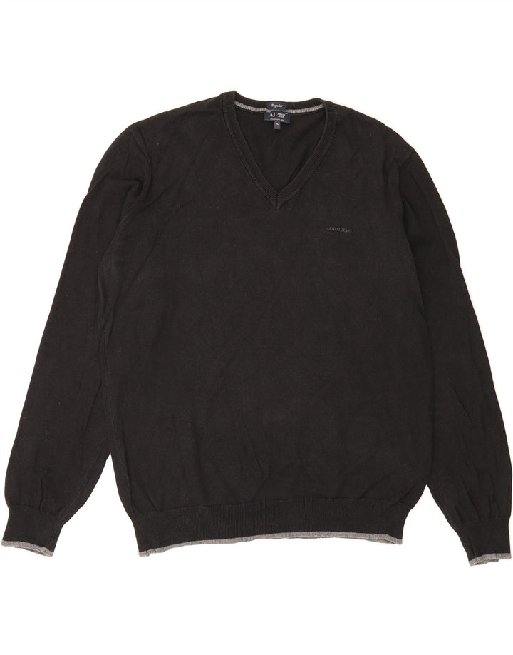 ARMANI JEANS Mens Regular Fit V-Neck Jumper Sweater XL Black Cotton Vintage Armani Jeans and Second-Hand Armani Jeans from Messina Hembry 