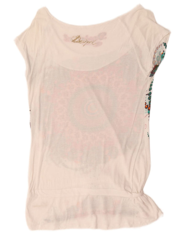 Desigual Camiseta feminina gráfica Top UK 14 grande branco floral