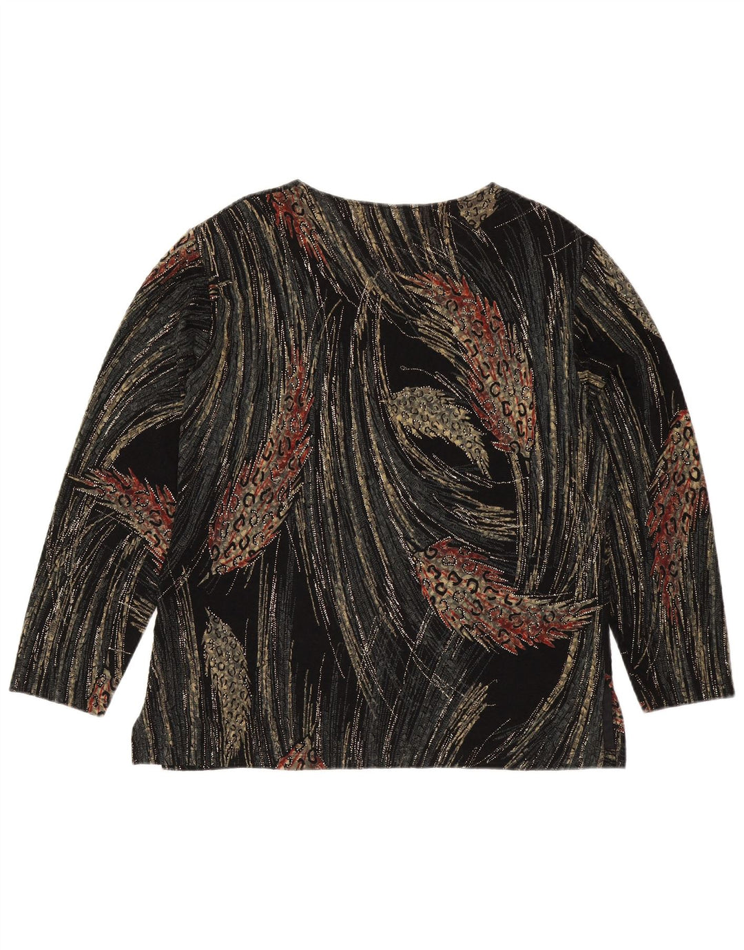 Top feminino vintage com padrão abstrato manga longa Reino Unido 16 grande viscose preta