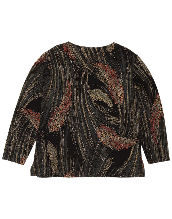 Top feminino vintage com padrão abstrato manga longa Reino Unido 16 grande viscose preta