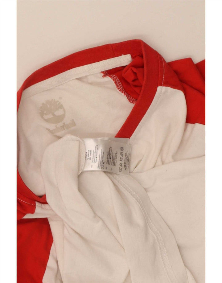 Top gráfico feminino Timberland manga comprida UK 10 pequeno bloco colorido branco