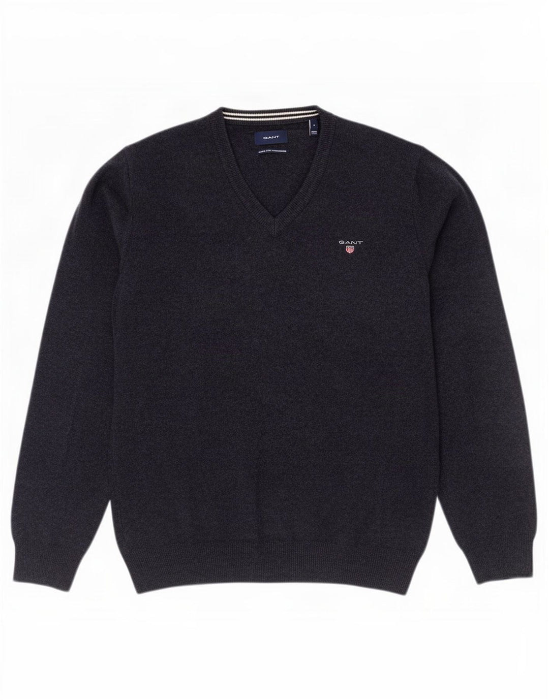 Suéter masculino Gant com decote em V de lã azul marinho médio