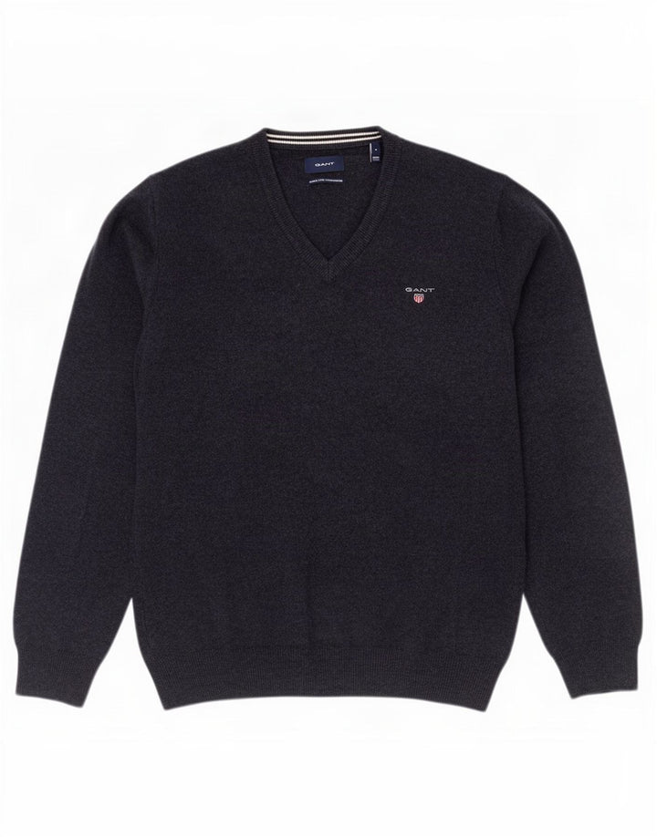 Suéter masculino Gant com decote em V de lã azul marinho médio