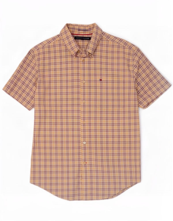 Tommy Hilfiger Camisa masculina de manga curta grande algodão xadrez bege