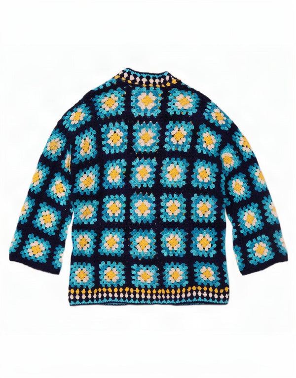 Suéter cardigã de crochê feminino vintage Reino Unido 14 grande azul floral