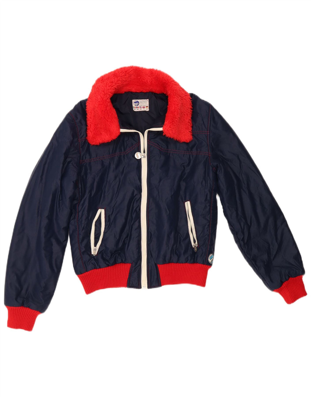 Jaqueta bomber feminina Samas UK 16 grande bloco colorido azul marinho nylon