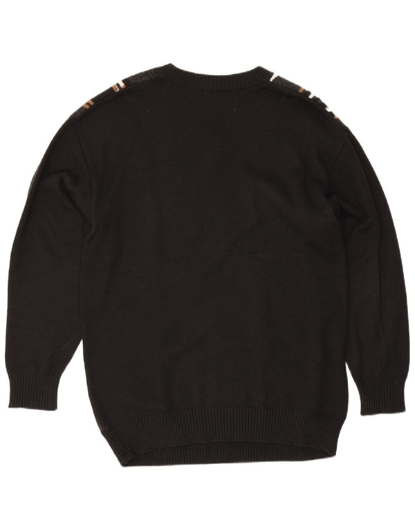 Suéter masculino vintage com decote em V UE 46 pequeno preto geométrico lã merino
