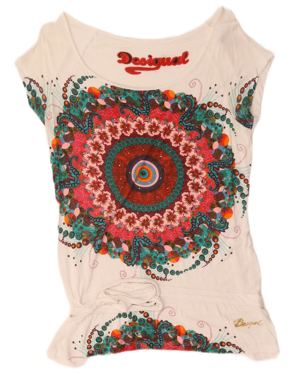 Desigual Camiseta feminina gráfica Top UK 14 grande branco floral