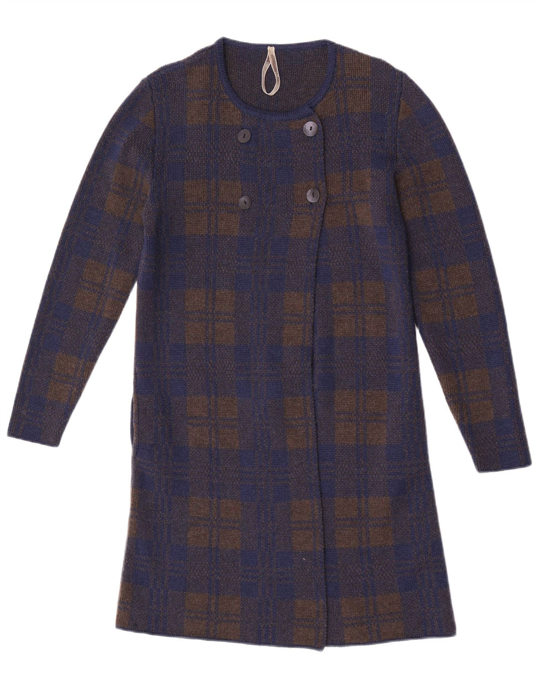 Suéter cardigã feminino vintage com palangre UK 14 xadrez azul marinho médio