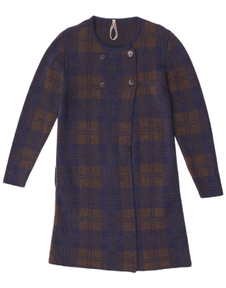 Suéter cardigã feminino vintage com palangre UK 14 xadrez azul marinho médio