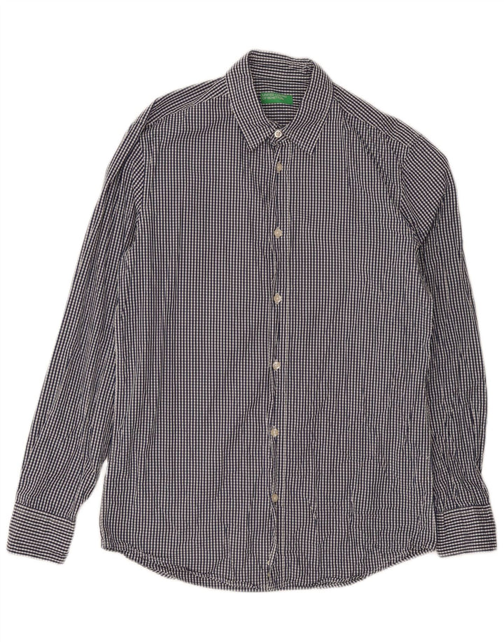 Camisa masculina Benetton de algodão guingão azul médio