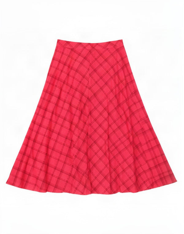 Saia larga feminina vintage pequena W26 algodão xadrez rosa