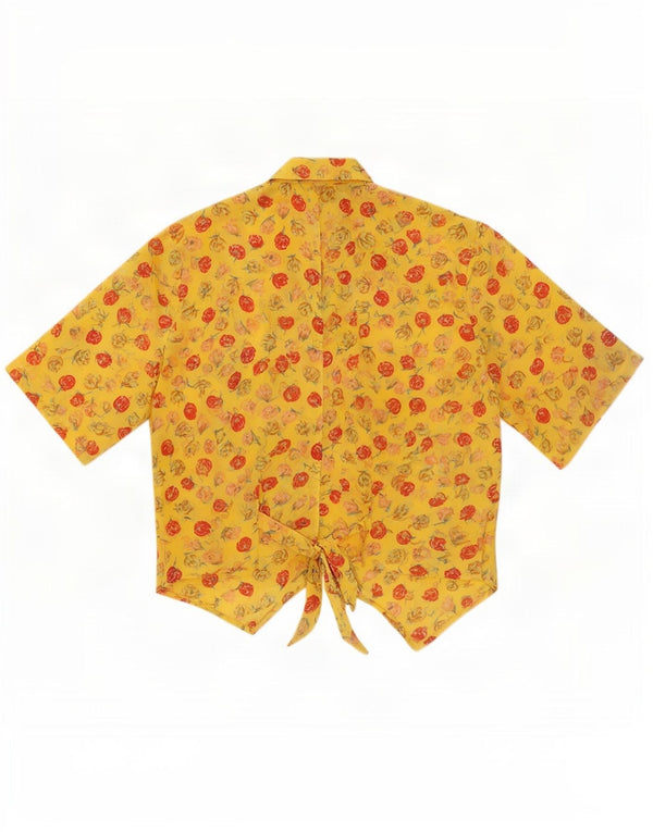 Blusa feminina vintage manga curta cropped UK 14 médio amarelo floral