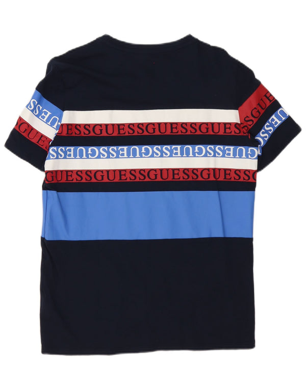 Guess Camiseta masculina slim fit gráfica top pequeno azul marinho colorblock algodão