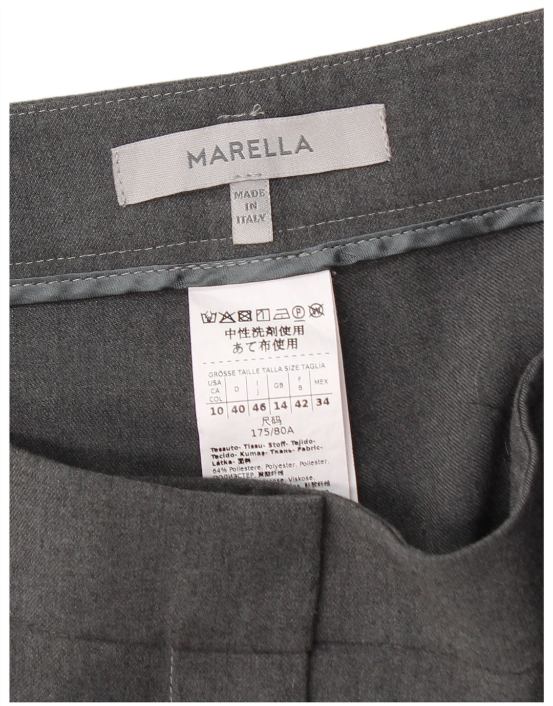 Calça feminina reta MARELLA UK 14 grande W32 L28 poliéster cinza