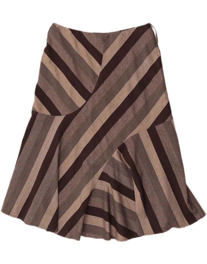 Saia midi feminina Marks & Spencer Reino Unido 16 grande W34 poliéster listrado marrom