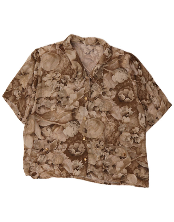 Camisa feminina vintage de manga curta UK 18 XL marrom floral