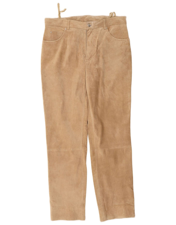 Calças vintage masculinas de camurça cônica W36 L30 couro bege