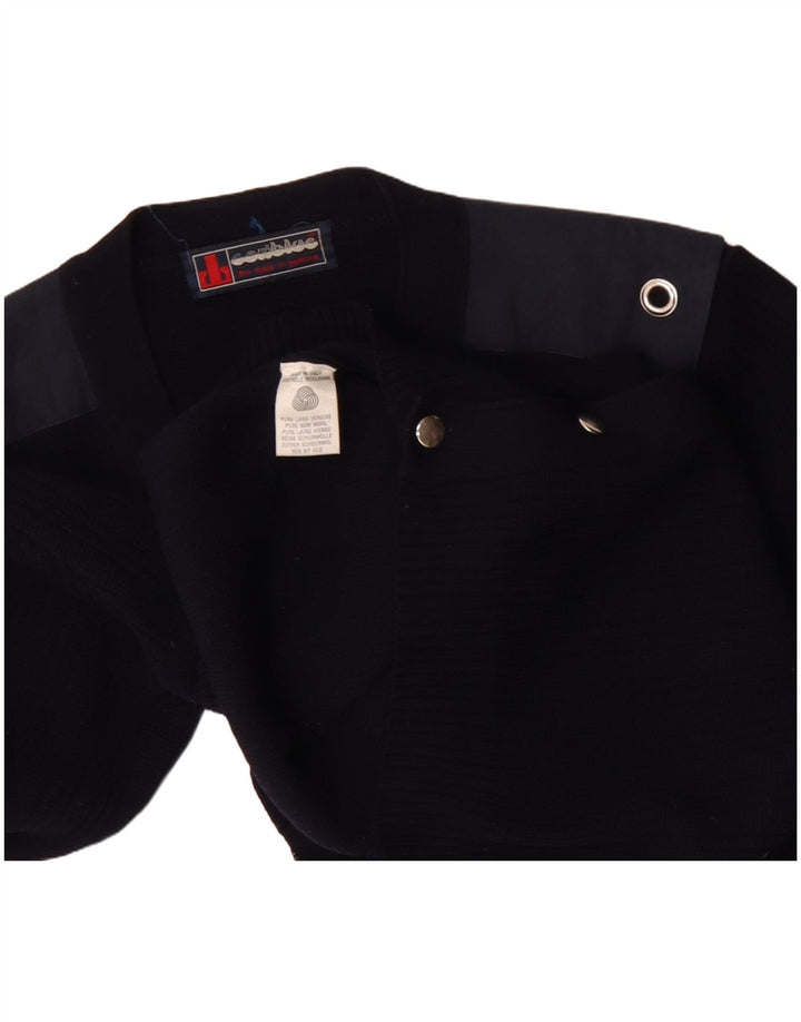 Suéter cardigã masculino vintage médio azul marinho lã colorblock