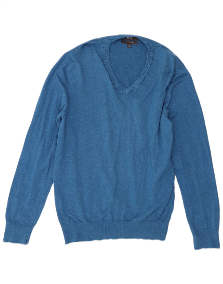 Suéter masculino Marks & Spencer com decote em V grande algodão azul