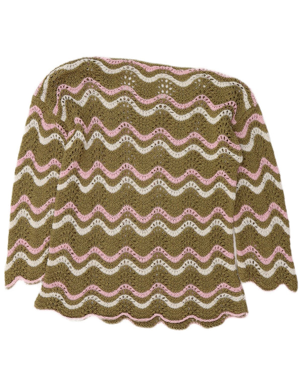 Suéter feminino vintage de crochê com gola canoa Reino Unido 14 médio cáqui Chevron