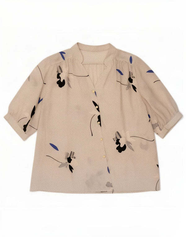 Blusa feminina vintage de manga curta UK 14 médio branco floral