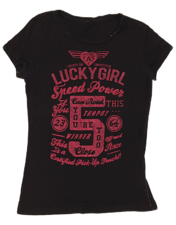 Camiseta feminina gráfica Benetton UK 12 algodão preto médio