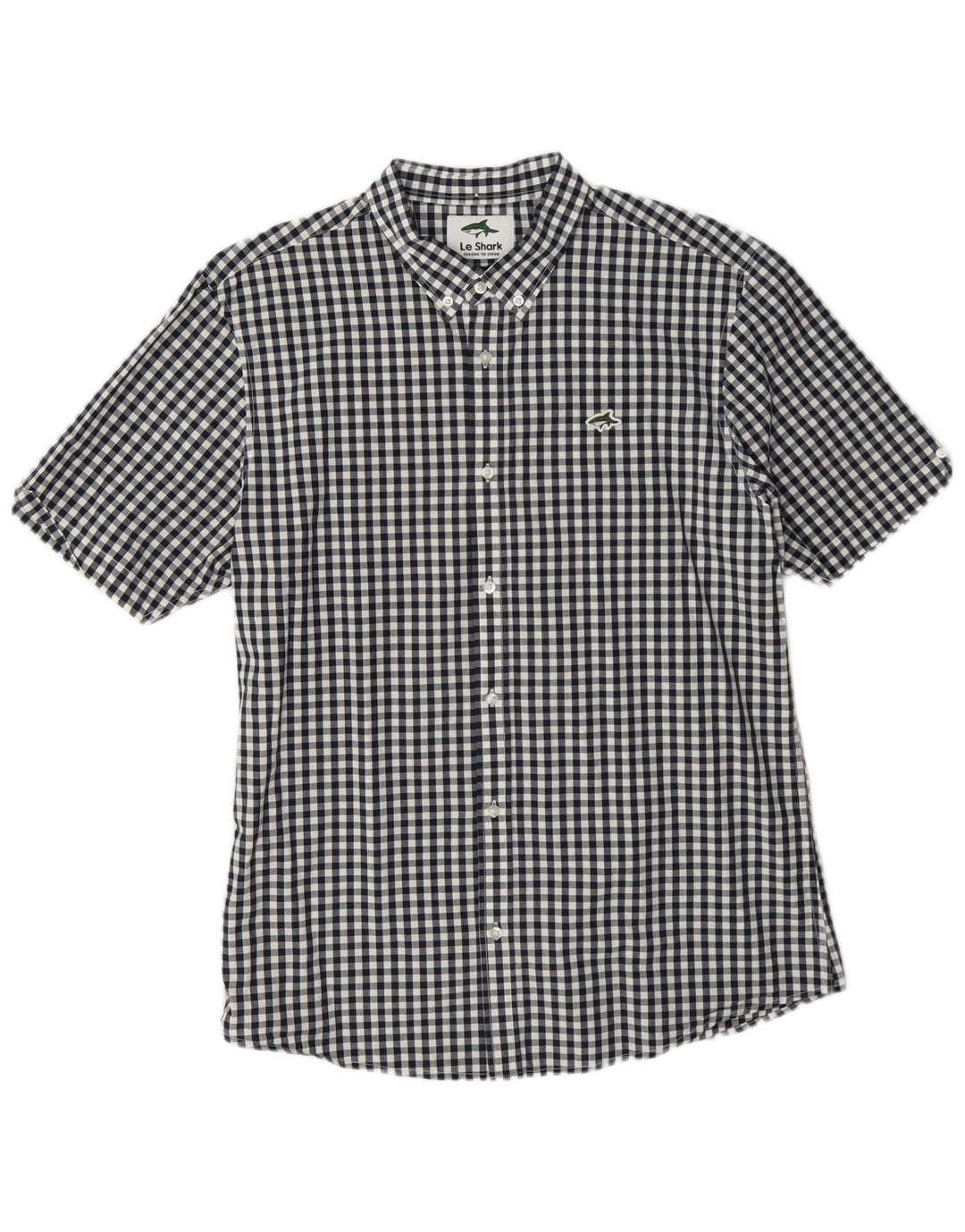 Le Shark Camisa masculina de manga curta grande algodão guingão azul marinho