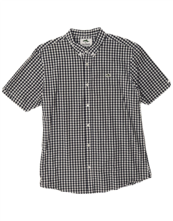 Le Shark Camisa masculina de manga curta grande algodão guingão azul marinho